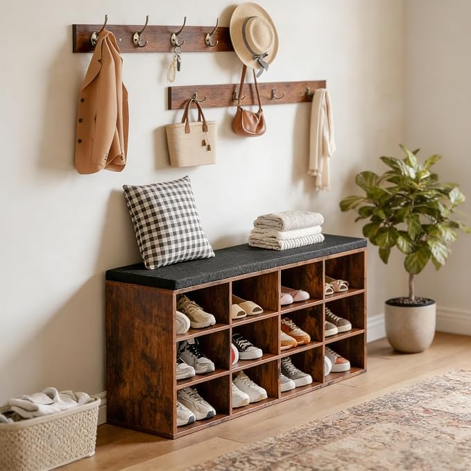 HOOBRO Shoe Storage Bench with Cushion, 39.4" L Entryway Bench with 12 Cubbies - Image 2