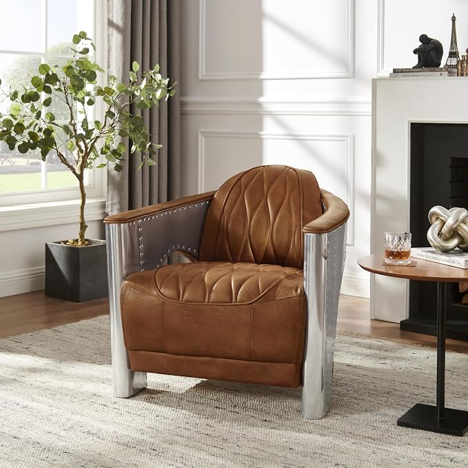 Art Leon Genuine Leather Accent Chair, Mid Century Industrial Armchair - Image 8
