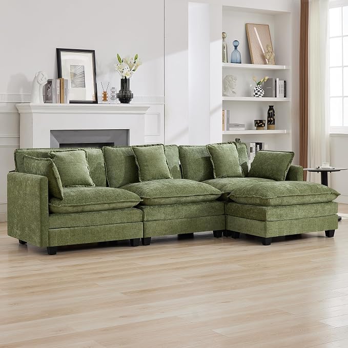 111'' Cloud Deep Seat Sectional Couch, Modern Comfy Chenille L Shaped Sectional by WUTUTUEE
