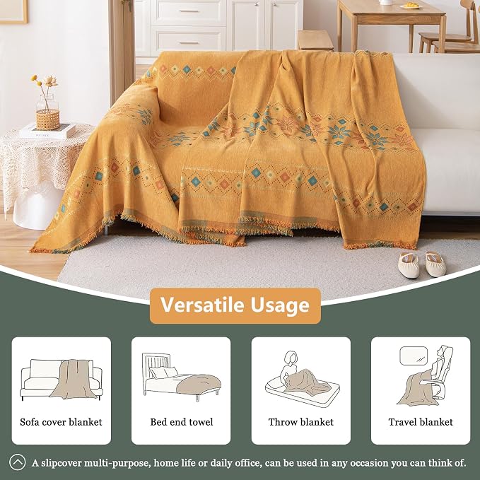 DREAMINGO Orange Boho Sofa Cover Chenille Couch Cover Blanket Vintage Bohemian - Image 5