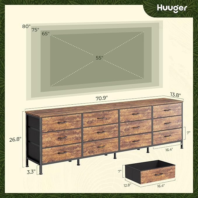Huuger 70 Inch Dresser for Bedroom, TV Stand for 65, 80 Inch TV, 12 Fabric - Image 3