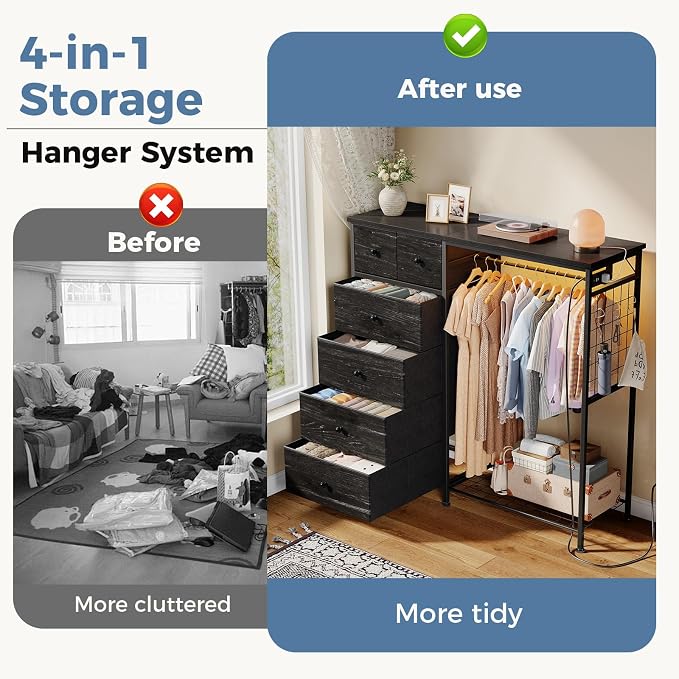 DUMOS Dresser for Bedroom with Hanging Rack, 6 Drawer Fabric Dresser with - Image 4