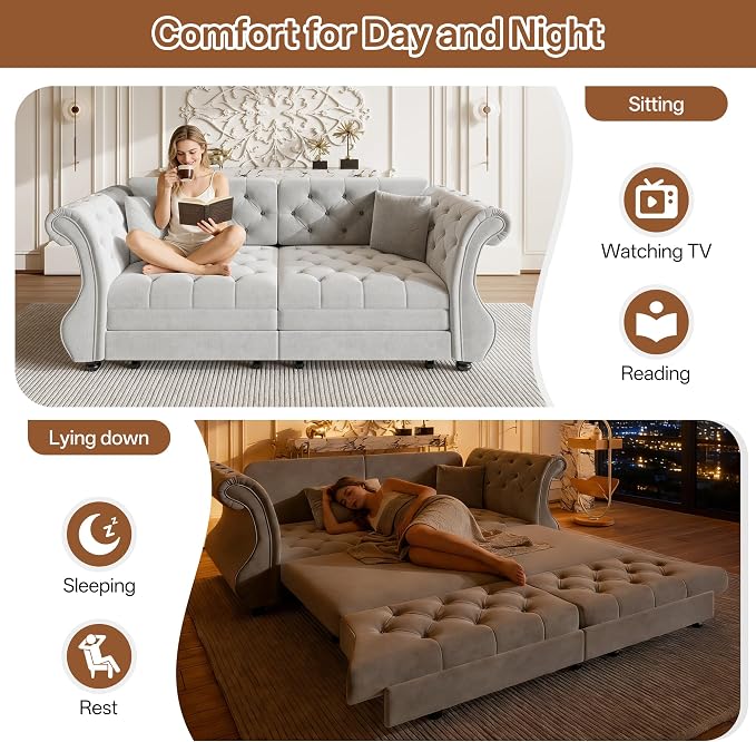 83.8" Oversized Pull Out Sofa Bed, Chesterfield Velvet Sleeper Sofa Couch - Image 3