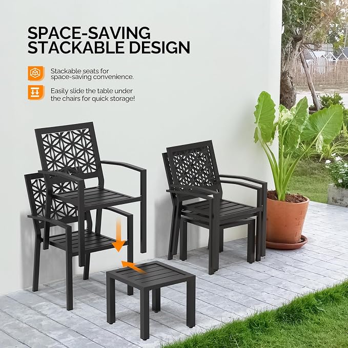 VINGLI 3-Piece Outdoor Bistro Set, Stackable Modern Metal Steel Table and Chairs - Image 3