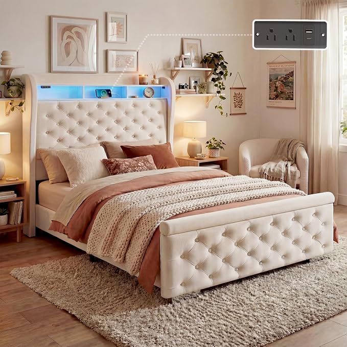 ROCHECASA Bed Frame with Storage and Charging Station, 50.6" Tall Velvet by ROCHECASA