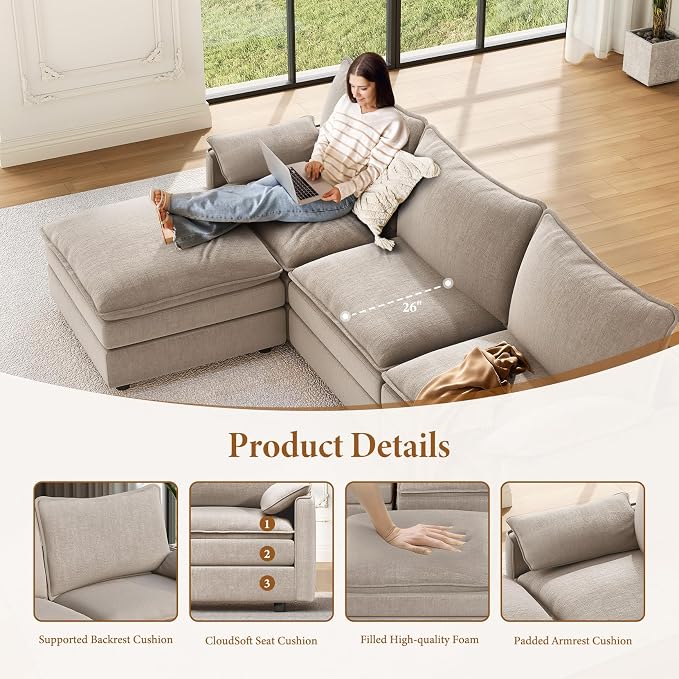 Vesgantti 142" U Shaped Sectional Couch, Comfy Cloud Modular Sectional Sofa - Image 4