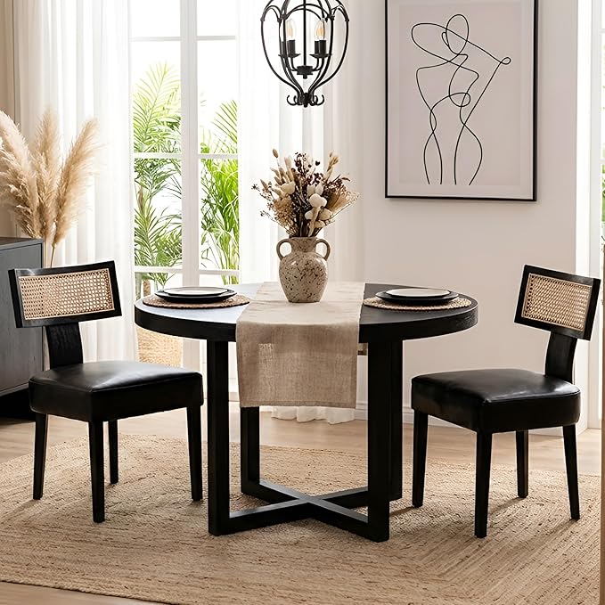 HNY Mid Century Modern Rattan Dining Chairs Set of 2, Farmhouse PU Leather by HNY