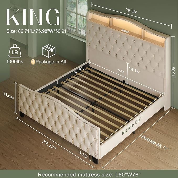 Belffin King Size Bed Frame and Headboard, 50.9" Velvet Upholstered Wingback - Image 2