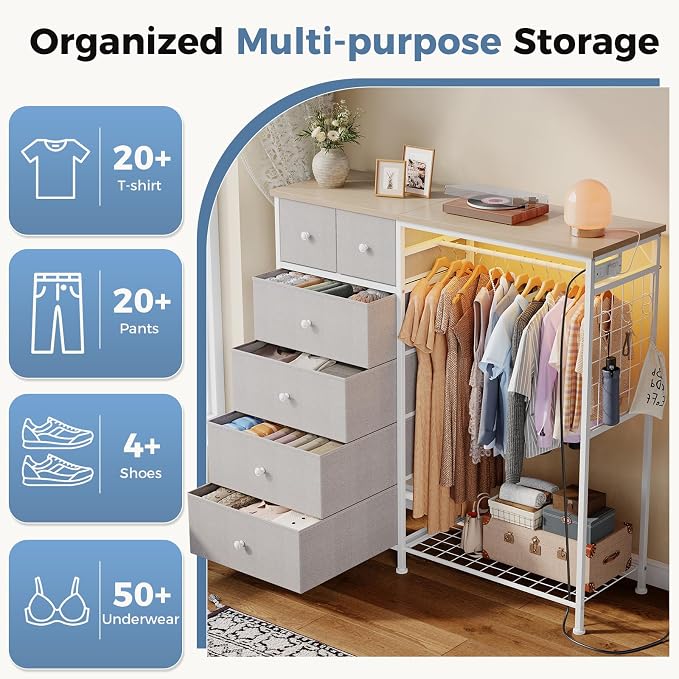 DUMOS Dresser for Bedroom with Hanging Rack, 6 Drawer Fabric Dresser with - Image 5