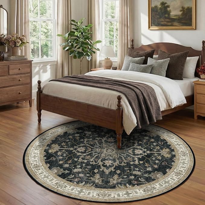 RELEANY Area Rugs Round 7ft Washable Non-Slip, Floral Vintage Distress Print - Image 2