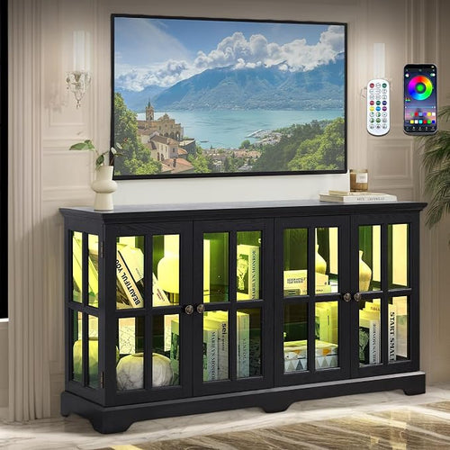 59" W LED Curio Cabinet with 7 Color Lights, Vintage Glass Display Case with by CKEASEANFurniture