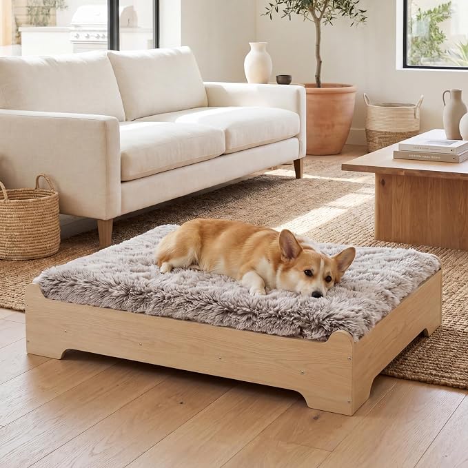 Elevated Wooden Dog Bed with Supportive Cushion & Washable Cover, Sturdy by GLOSSGODS