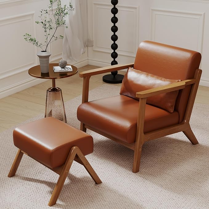 Accent Chair and Ottoman Set, Mid-Century Modern Faux Leather Armchair by LOVSPATIOFURNITURE