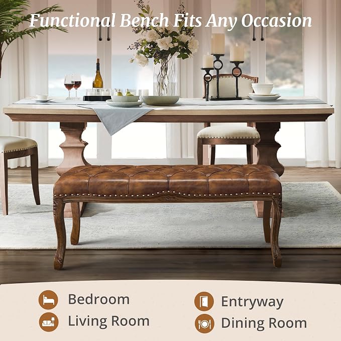 Cozyman Bedroom Bench, French Vintage Tufted Leather Bench, 45.2" Carving - Image 6