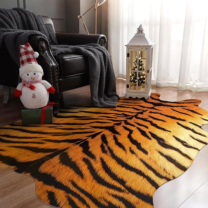 AROGAN Premium Tiger Print Rug 4.6x5.2 Feet, Machine Washable Faux Fur Rug - Image 3