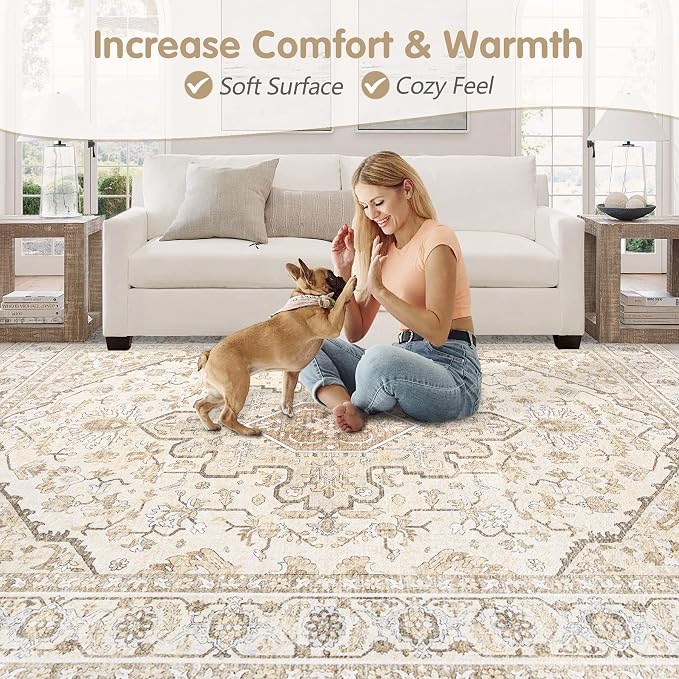 Area Rugs 6x9 Vintage Rug: Washable Living Room Rug Retro Medallion Distressed - Image 6