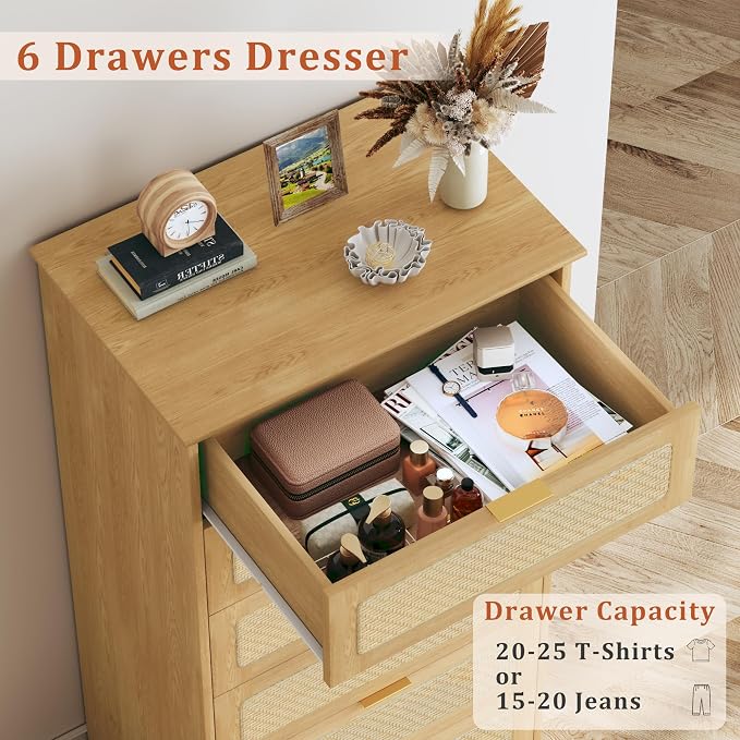HUAHUU 6 Drawer Dresser for Bedroom, 50 Inch Tall Dressers & Rattan Chest of - Image 4