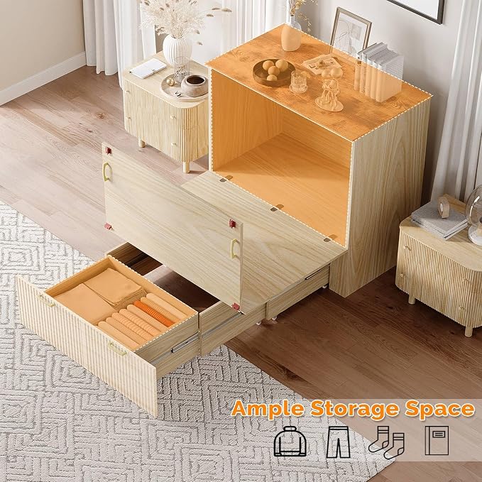 VINGLI Twin Murphy Bed with Storage Drawer, Fluted Wooden Foldable Bed Cabinet - Image 5