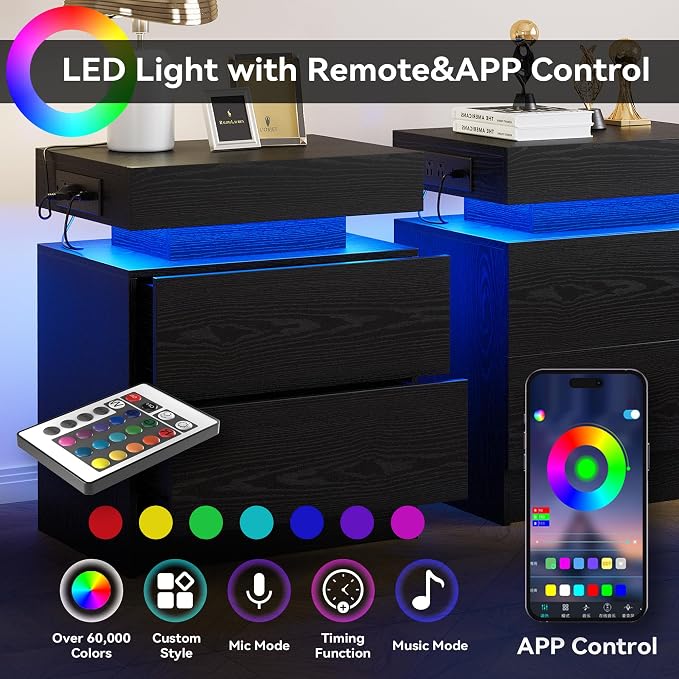 LIKIMIO Night Stand with Charging Station, Modern Black Nightstand with LED - Image 4