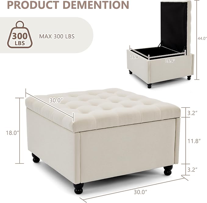 Weture 30 Inch Large Square Storage Ottoman Coffee Table, Oversized Square - Image 2