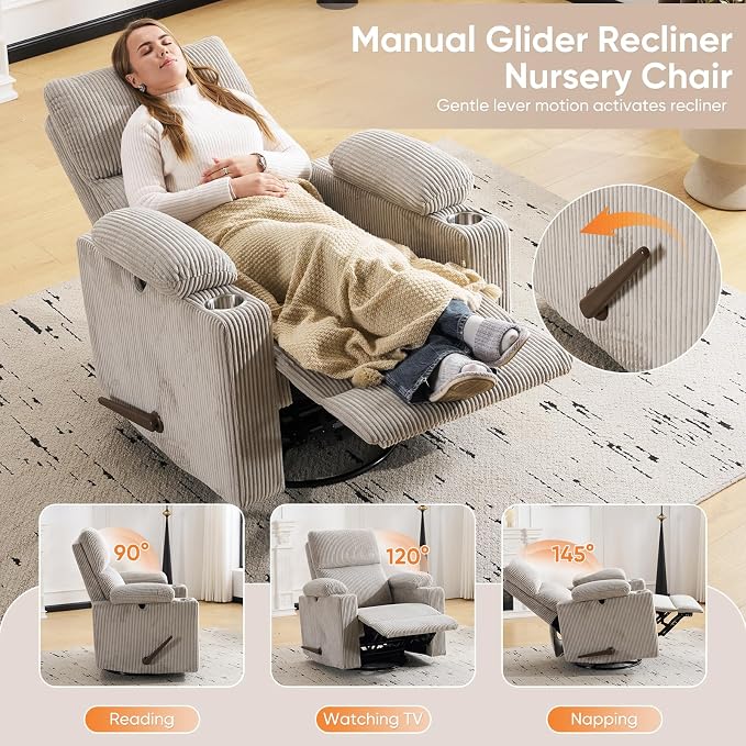 Swivel Rocker Recliner with Adjustable Armrests, Rocking Nursery Chair with - Image 7