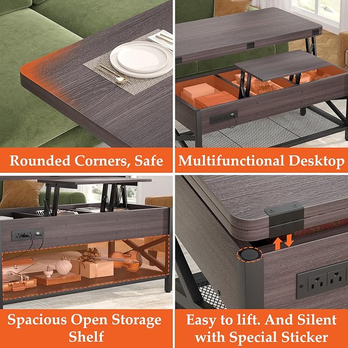 Aheaplus Coffee Table Lift Top Multi-Function Coffee Table Converts to Dining - Image 6
