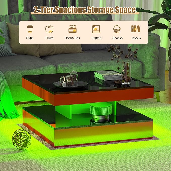 HedoAjim Red LED Coffee Table for Living Room, Living Room Table 2-Tier Square - Image 6