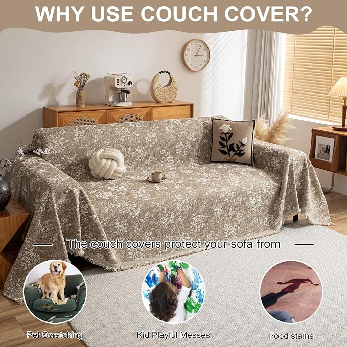 VClife Vintage Floral Bohemain Couch Cover, Soft Breathable Chenille Sofa Cover - Image 6