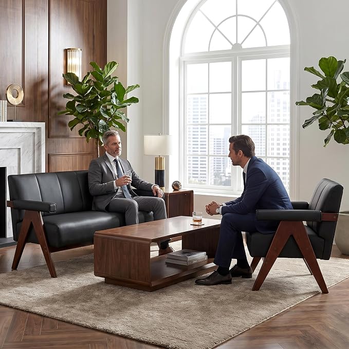 STHOUYN Black Leather Loveseat Sofa and Accent Chair, Mid-Century Modern Office - Image 2