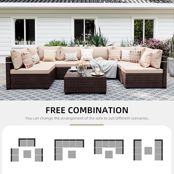 UPHA 7 Pieces Patio Furniture Sets, Wicker Outdoor Sectional Sofa Couch - Image 4