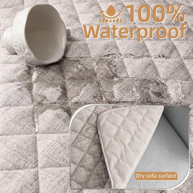 Dog Couch Cover for Sofa 100% Waterproof Faux Linen Sofa Covers for 3 Cushion - Image 3