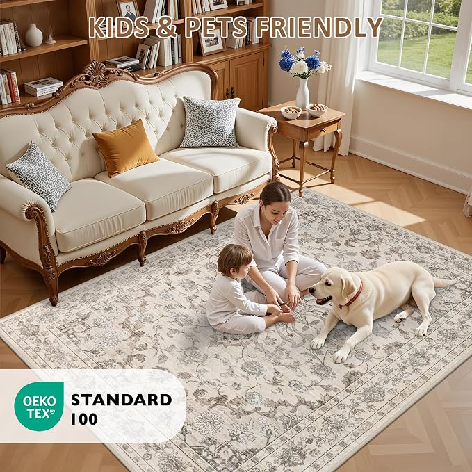 Area Rugs 9x12 Living Room Rug: Washable Rug Soft Vintage Distressed Floral - Image 9