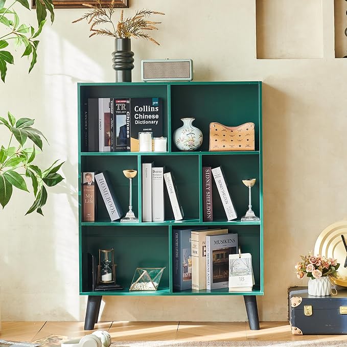 LEYAOYAO Cube Bookshelf 3 Tier Mid-Century Dark Green Modern Bookcase - Image 7