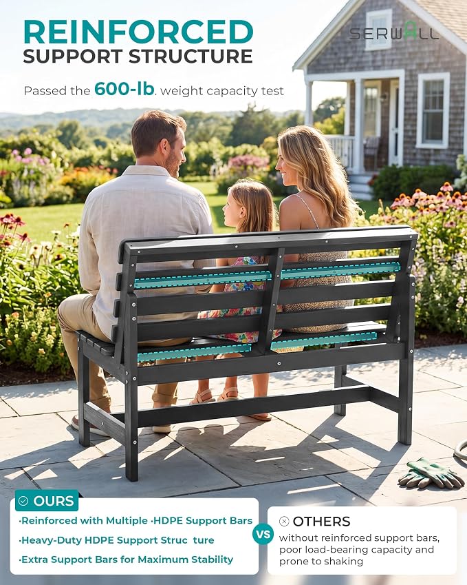 SERWALL Outdoor Bench, All Weather HDPE Outdoor Benches, 2-Person Armless Porch - Image 7