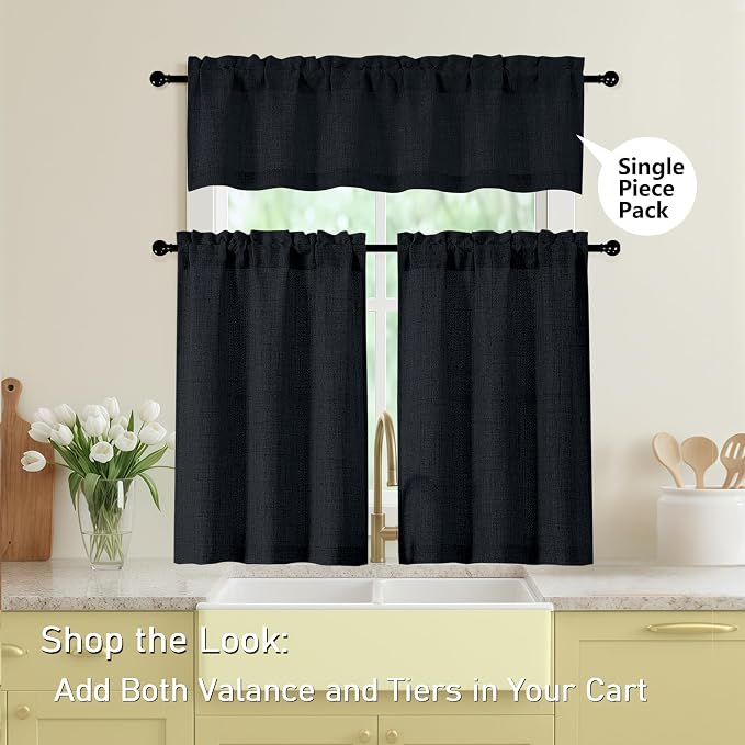 Black Valances for Windows, Light Filtering Faux Linen Textured Small Short - Image 5