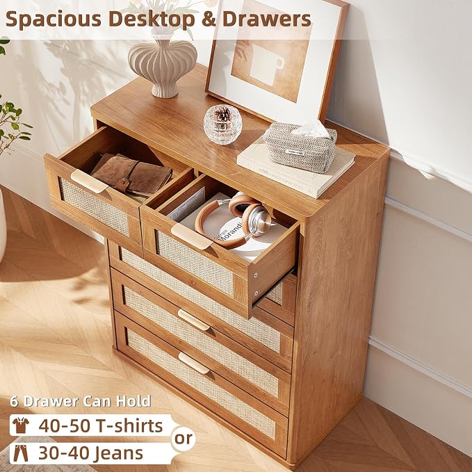 LEYAOYAO Rattan Dresser for Bedroom, Modern 6 Drawers Boho Dressers - Image 3