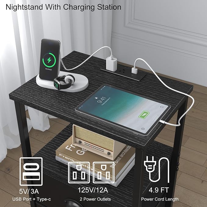 sthmec Nightstand with Charging Station, Night Stand with 2 Fabric Drawers PU - Image 4