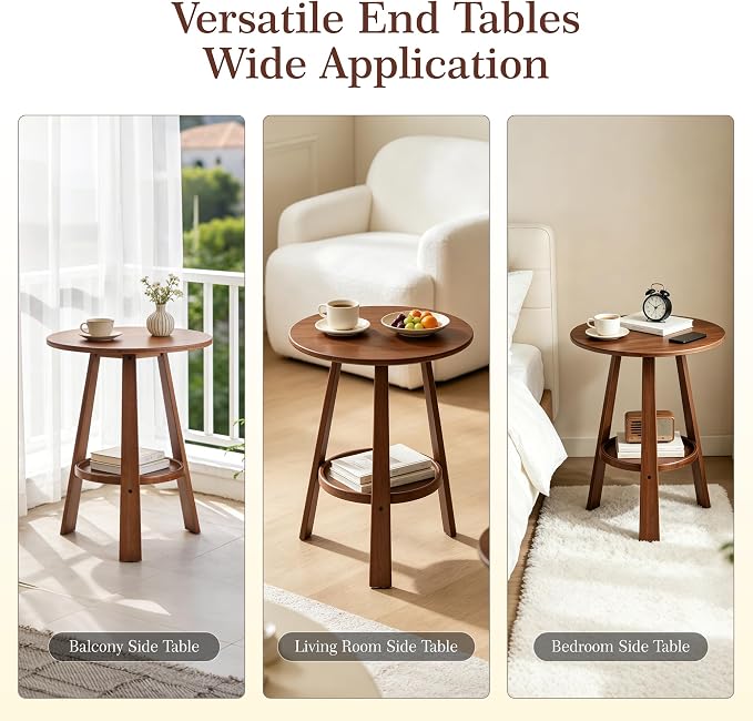 Bamboo Round End Table with Storage Shelf, 2-Tier Mid-Century Modern Accent - Image 7