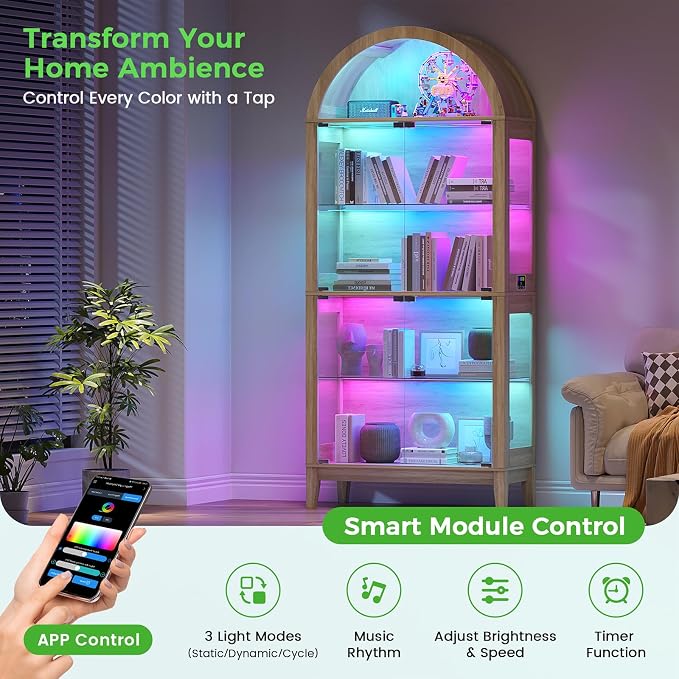 HNEBC Arched Display Case with RGB Lights, LED Curio Cabinet with Shelf - Image 3