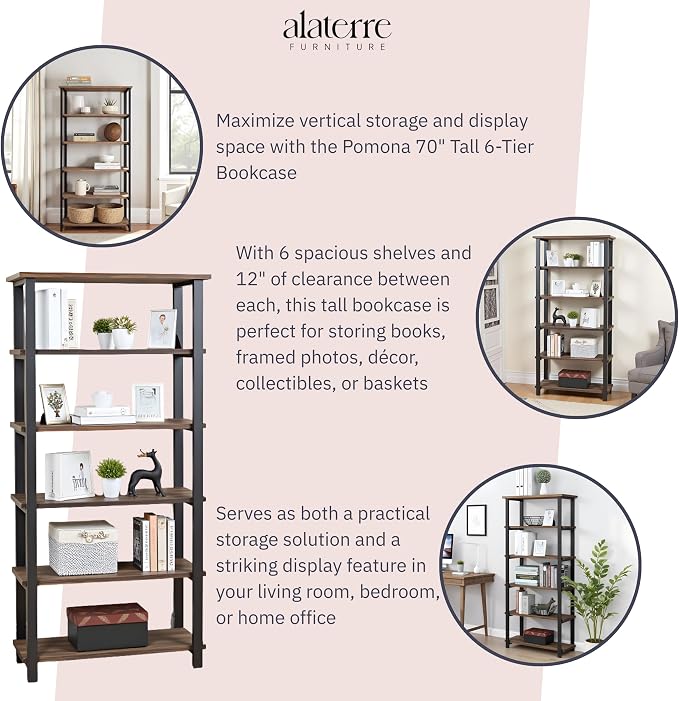 Alaterre Furniture Pomona Living Room 6-Tier Solid Wood Bookcase - Image 4