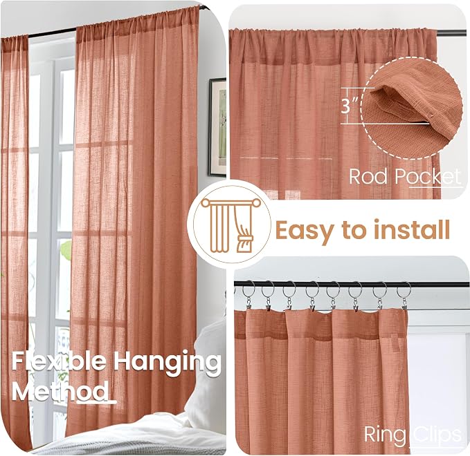 BGment Terracotta Linen Kitchen Curtains 36 Inch Length, Small Semi Sheer - Image 6