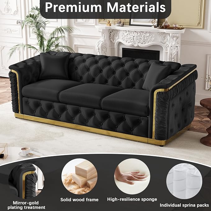 Luxury Chesterfield Sofa Set of 2, Velvet Tufted Couch Victorian Black and Gold - Image 8