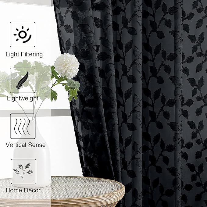 Chyhomenyc Black Short Curtains 45 Inch Length 2 Panels, Light Filtering Leaf - Image 3