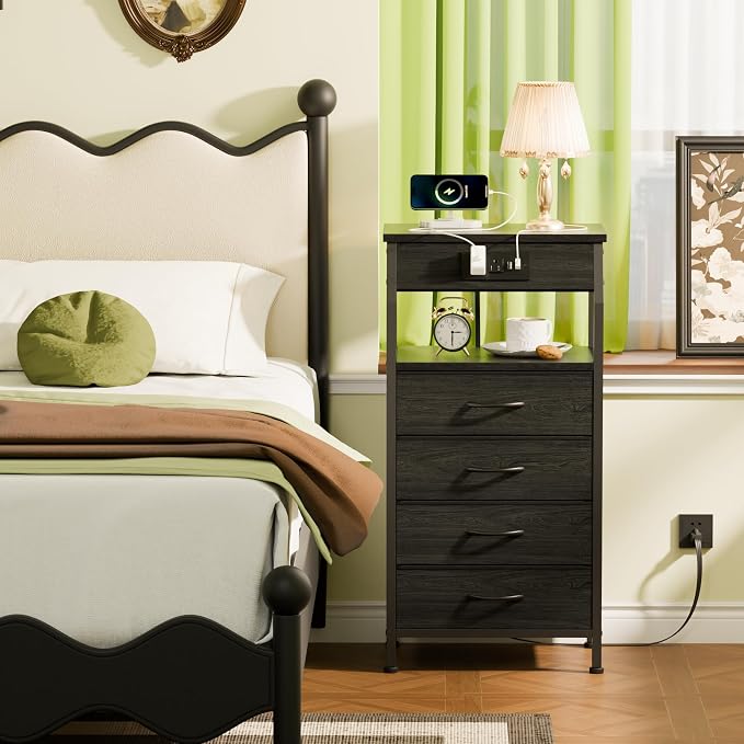 Furnulem Night Stand with Charging Station, 4 Drawer Dresser with Storage Shelf - Image 2