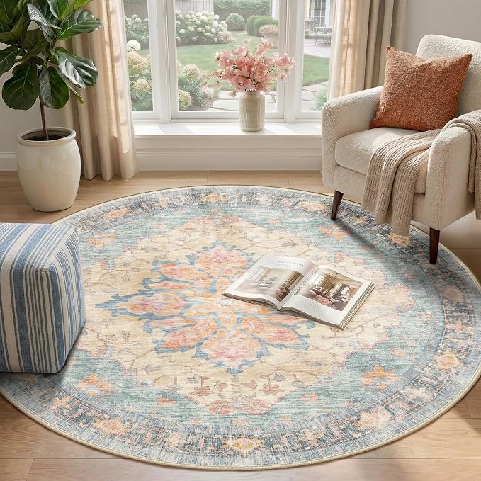RELEANY Area Rugs Round 4ft Washable Non-Slip, Floral Vintage Distress Print - Image 2