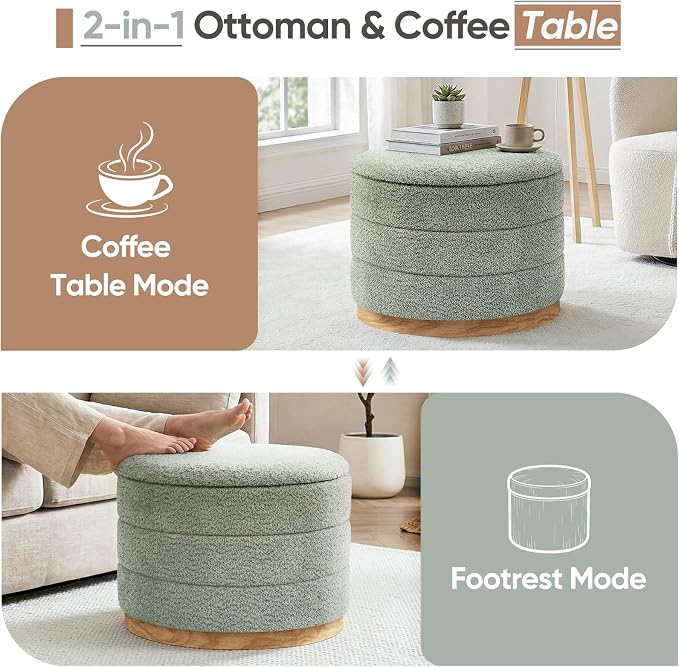 Round Storage Ottoman with Tray Lid, Folding Chenille Fabric Footrest with - Image 5