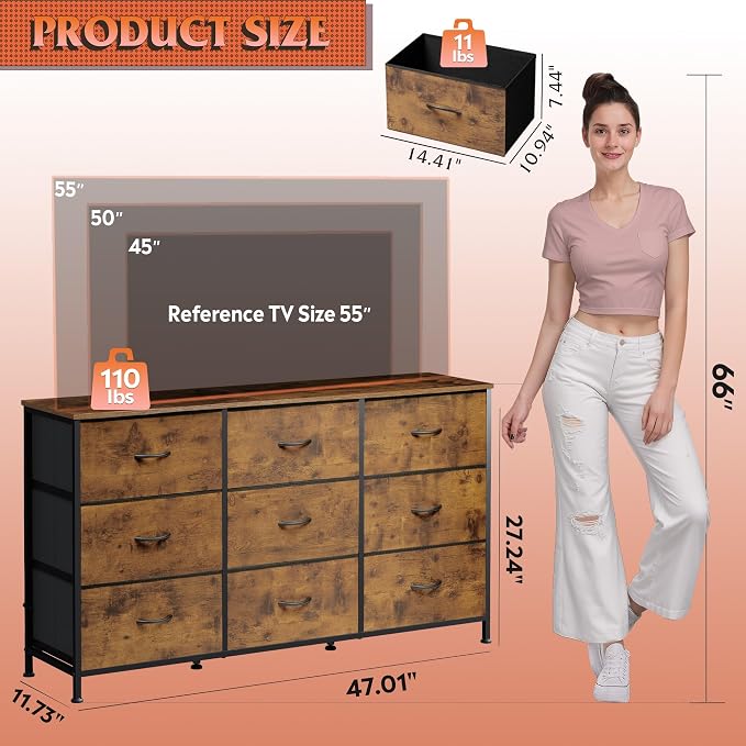 WLIVE 47''W Dresser for Bedroom, Dresser TV Stand for 45, 55 inch TV, Wide - Image 3