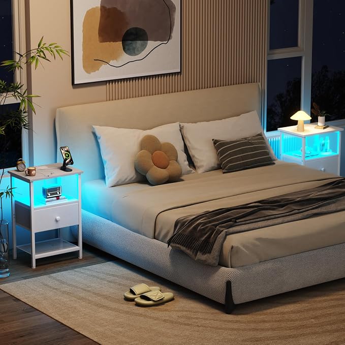 LOAKEKEL LED Night Stand with Charging Station, Small Bedside Table with USB - Image 2