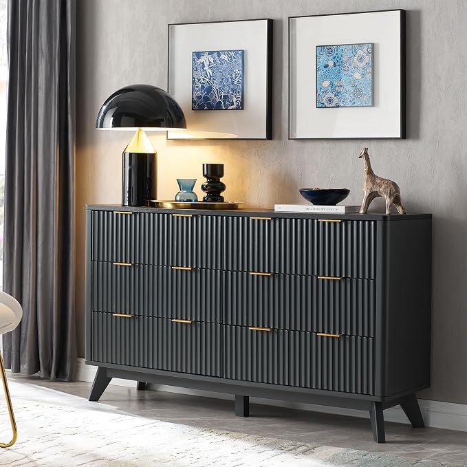 T4TREAM Fluted 6 Drawers Dresser, Curved Profile Design, Dresser TV Stand by T4TREAMFurniture