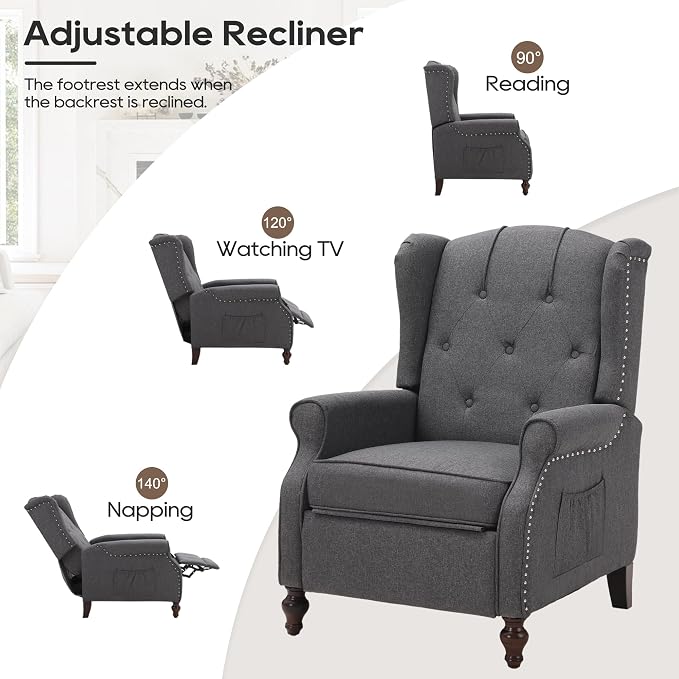 Wingback Recliner Chair with Massage and Heat, Wingback Recliner Tufted Fabric - Image 5